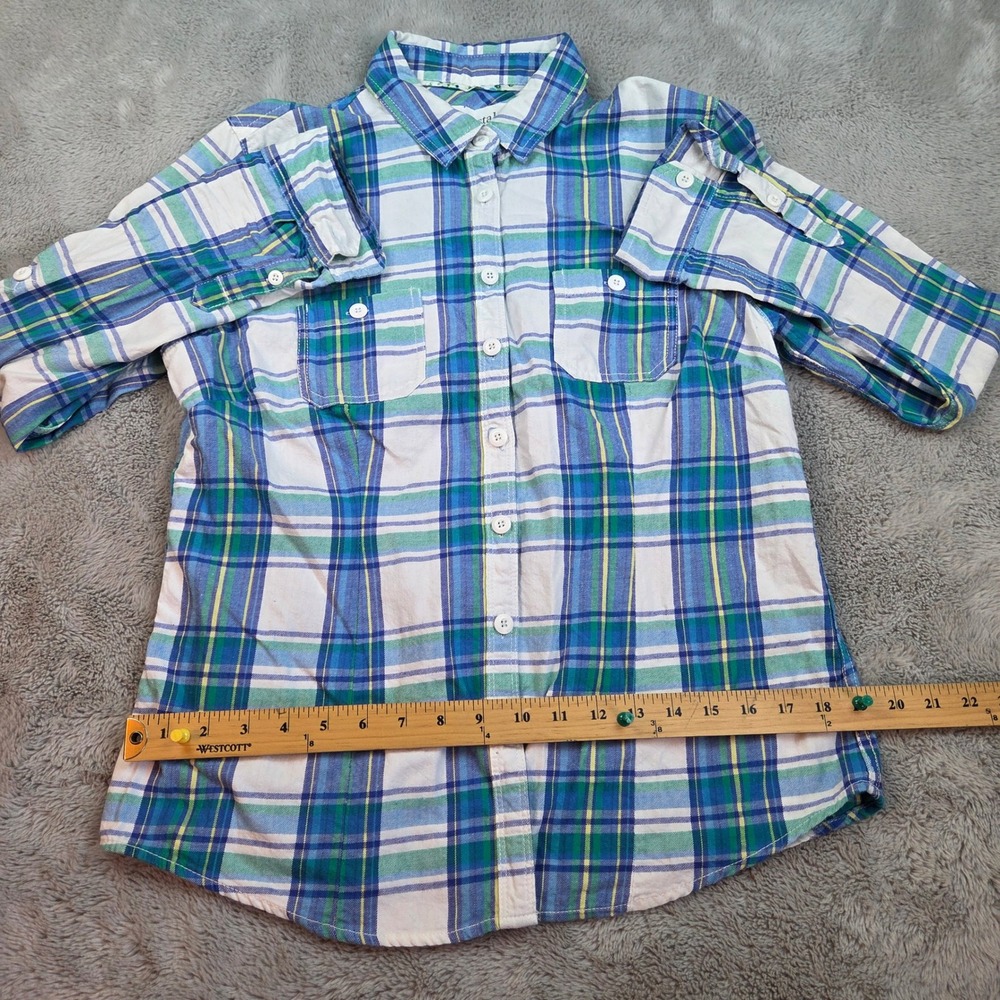 Aeropostale Cotton Plaid Button Down‎ Womens XL Roll Tab Sleeve Blue Green White